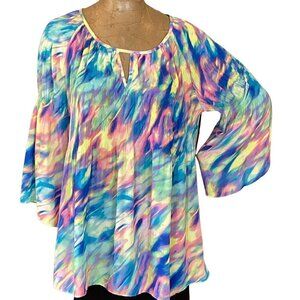 Spense Flowy Watercolor Swirls Tunic Top Bell Sleeve Keyhole Neck XL 288G